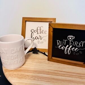 White Ceramic Mug and Wooden Coffee Signs Set